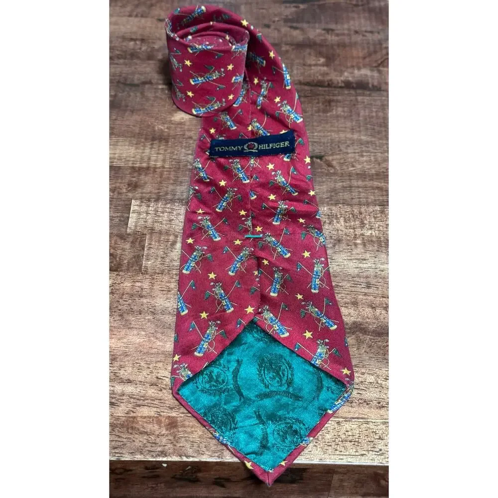 Tommy Hilfiger 100% Italian Silk Tie Red Golf Bag Pattern 57 x 3.75 in